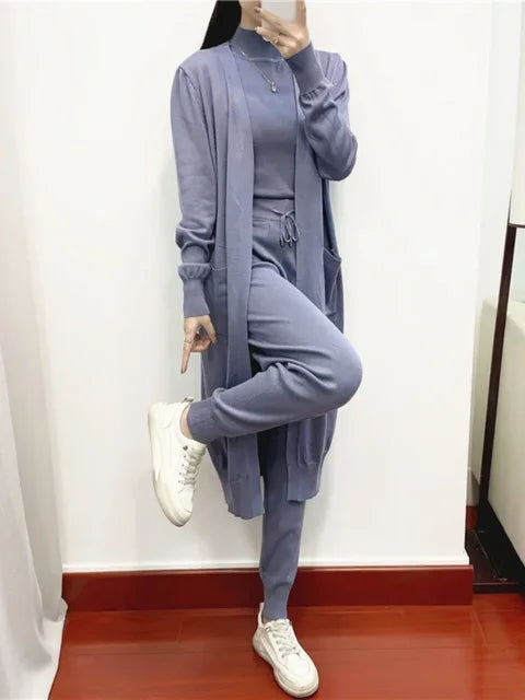 3 Piece Sets Women's Outfits Autumn Casual Solid Knit Suit Cardigan Vest Pants Sets Matching Sets Korean Fashion Women's Clothing
