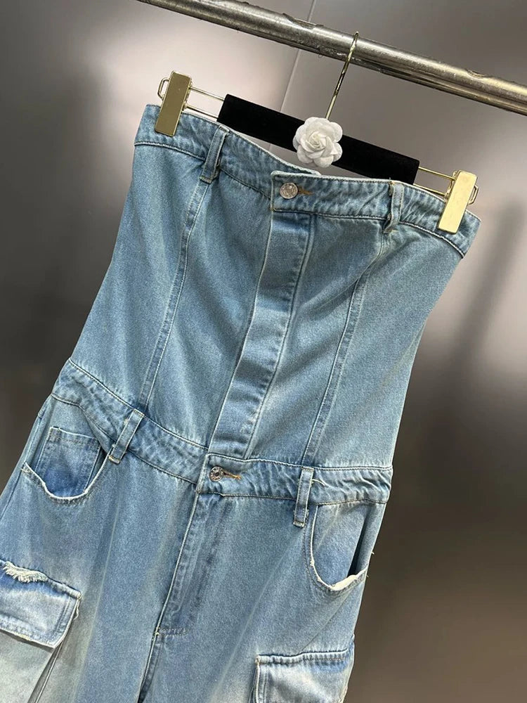 Solid Jumpsuits For Women Strapless Sleeveless High Waist Cargo Pants Summer  Jumpsuit Female Fashion Clothing