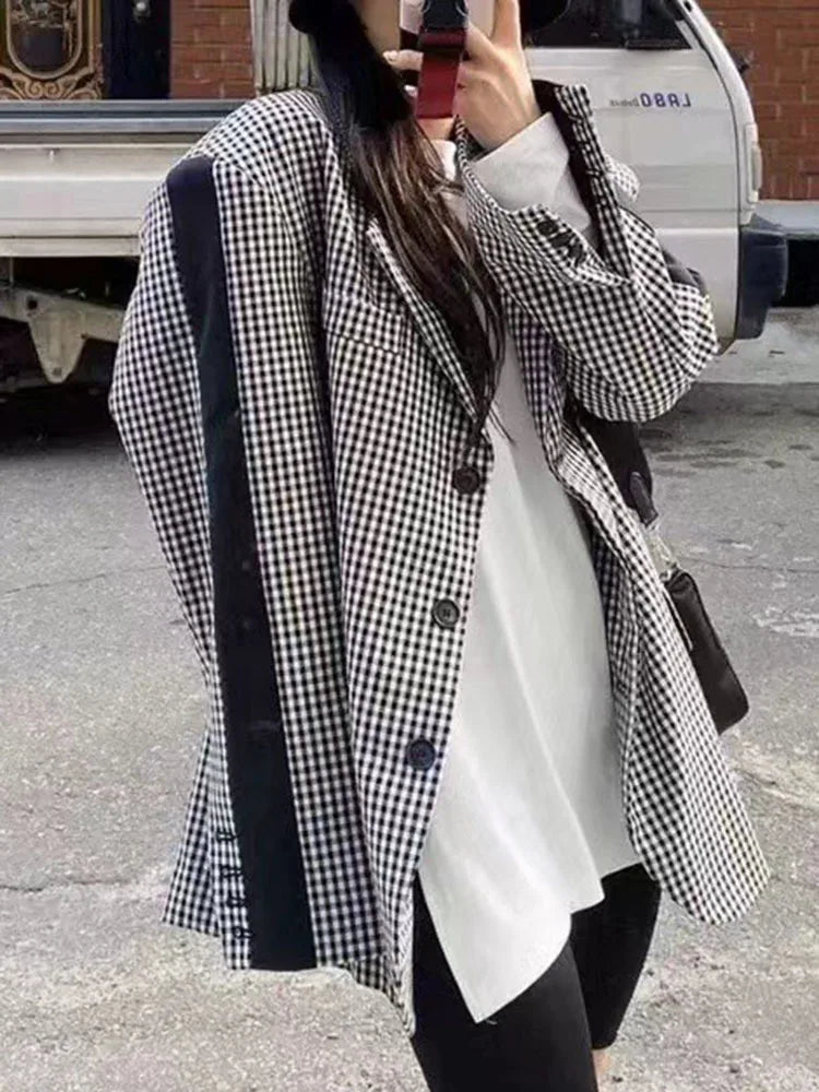 Korean Plaid Contrast Color Patchwork Suit Jackets High Quality Casual Outerwear Coat For Women  Spring Autumn
