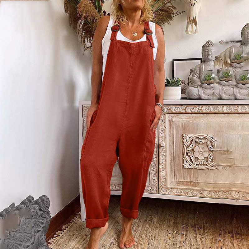 Women's Wide-Leg Cotton Linen Jumpsuit with Adjustable Buckle and Pockets Workwear