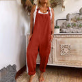 Women's Wide-Leg Cotton Linen Jumpsuit with Adjustable Buckle and Pockets Workwear