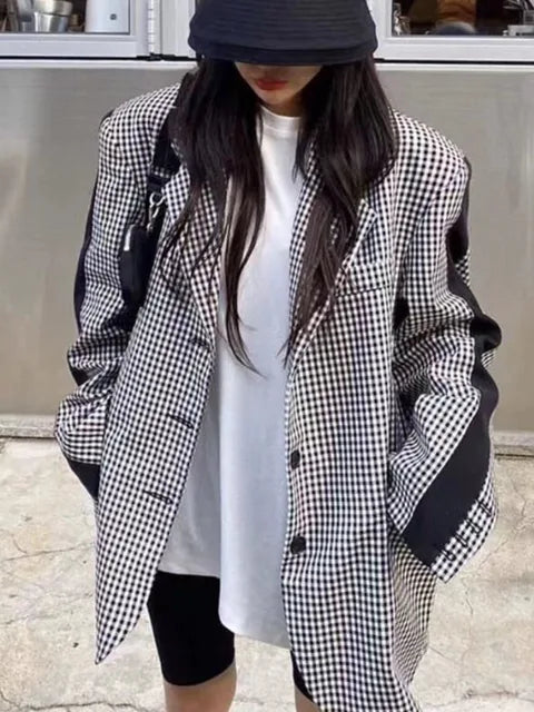 Korean Plaid Contrast Color Patchwork Suit Jackets High Quality Casual Outerwear Coat For Women  Spring Autumn