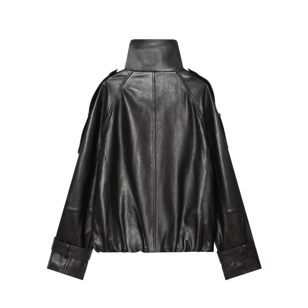 Loose pocket decoration double breasted stand up collar faux leather jacket for women