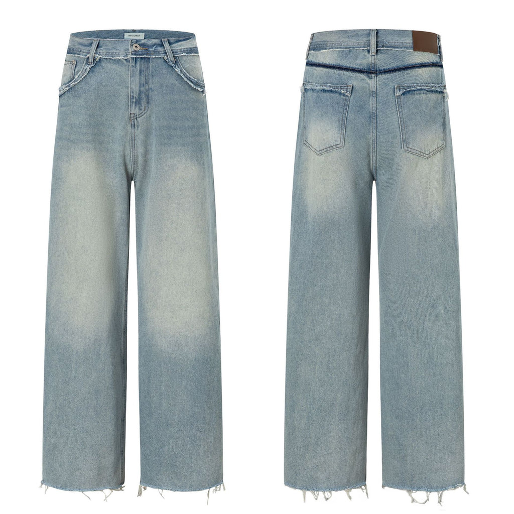 Wide Leg Denim Pants with Exposed Waist and Distressed Faded Finish
