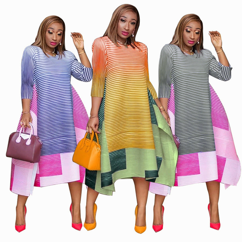 Summer Women Patchwork Dress Fashion  Office Sundress Asymmetric Hem Striped Evening Dress Beach Vestido Robes Longue