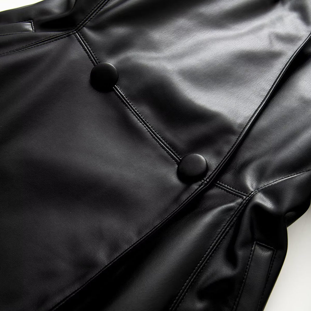 Double row two button waist suit leather jacket for women