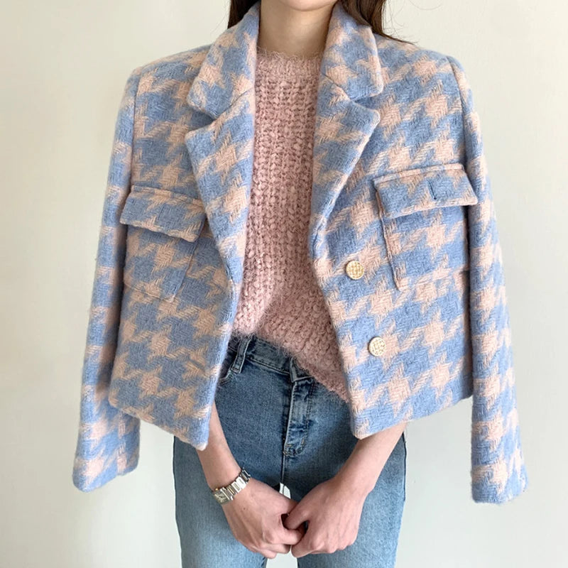 Plaid Blazer Jacket Women Autumn Winter Thick Warm Fashion Single Breasted Lapel Suit Jacket Ladies Casual Blazers Coat