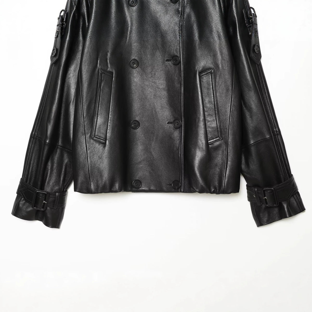 Loose pocket decoration double breasted stand up collar faux leather jacket for women
