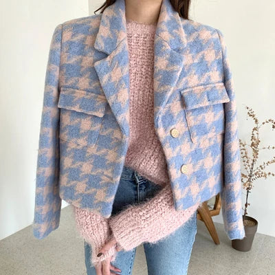 Plaid Blazer Jacket Women Autumn Winter Thick Warm Fashion Single Breasted Lapel Suit Jacket Ladies Casual Blazers Coat