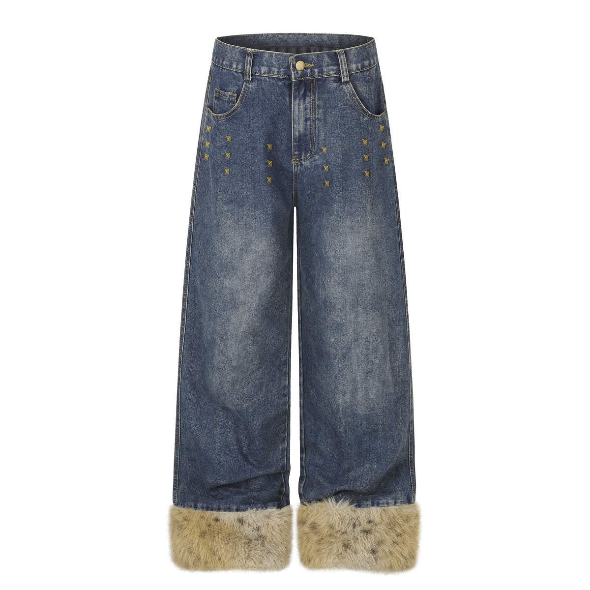 High Street Wide Leg Denim Jeans with Embroidery and Raw Hem