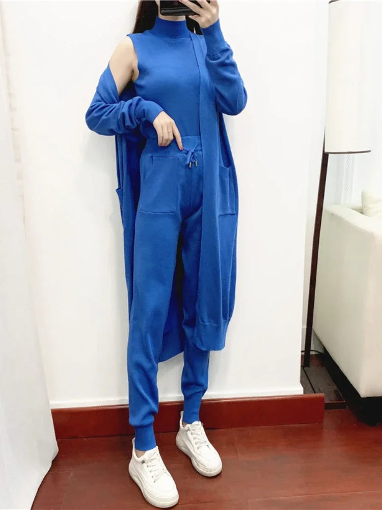 3 Piece Sets Women's Outfits Autumn Casual Solid Knit Suit Cardigan Vest Pants Sets Matching Sets Korean Fashion Women's Clothing
