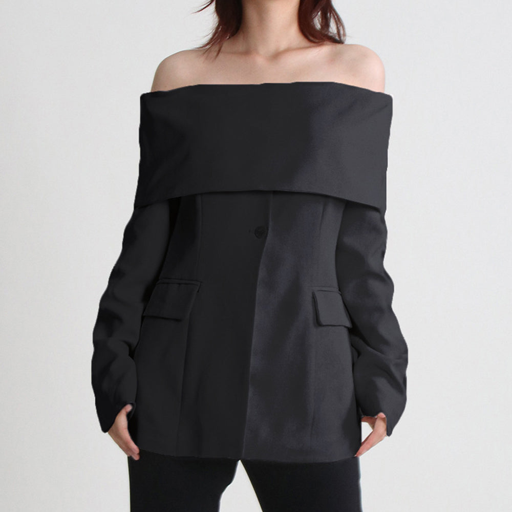 Solid Off Shoulder Blazer For Women Slash Neck Long Sleeve Patchwork Button Slimming Blazers Female Fashion Style