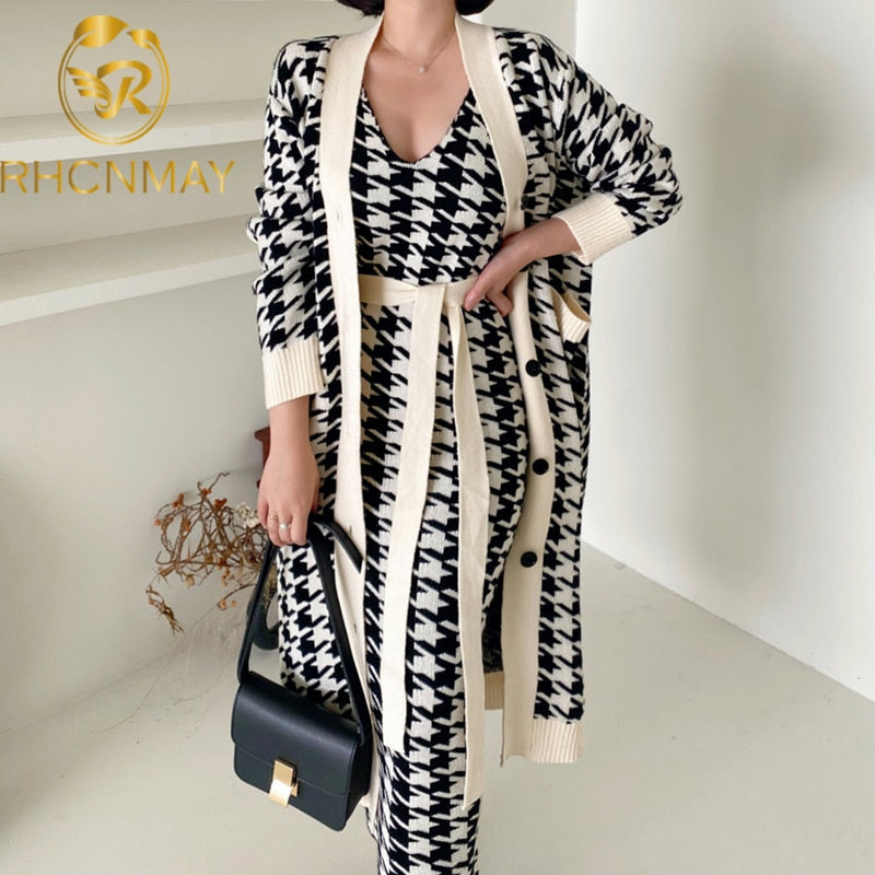 Korean Sweater Set Fashion Vintage Style V-Neck Long Knitted Sweater Coat + Houndstooth Vest Dress Female Two-Piece Suit