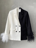Colorblock Patchwork Feathers Blazer For Women Notched Collar Long Sleeve Spliced Button Chic Blazers Female New