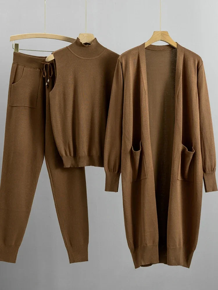 3 Piece Sets Women's Outfits Autumn Casual Solid Knit Suit Cardigan Vest Pants Sets Matching Sets Korean Fashion Women's Clothing