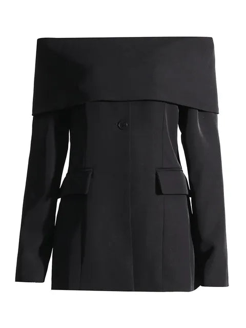 Solid Off Shoulder Blazer For Women Slash Neck Long Sleeve Patchwork Button Slimming Blazers Female Fashion Style