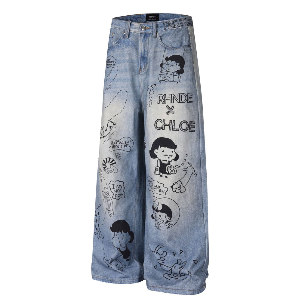 Women's Cartoon Graffiti Printed Distressed Washed Denim Wide Leg Straight Pants