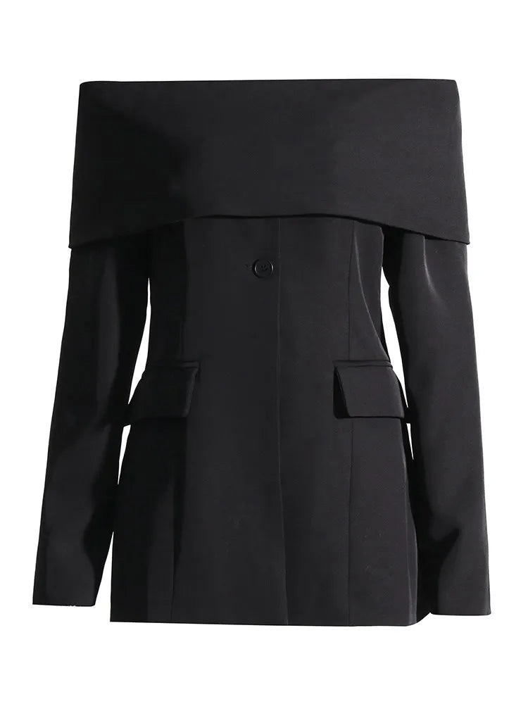 Solid Off Shoulder Blazer For Women Slash Neck Long Sleeve Patchwork Button Slimming Blazers Female Fashion Style