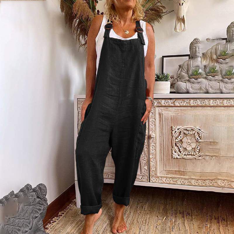 Women's Wide-Leg Cotton Linen Jumpsuit with Adjustable Buckle and Pockets Workwear