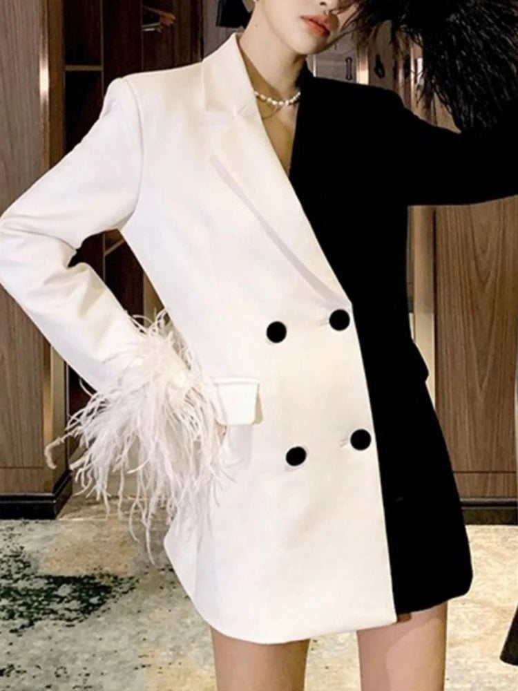 Colorblock Patchwork Feathers Blazer For Women Notched Collar Long Sleeve Spliced Button Chic Blazers Female New