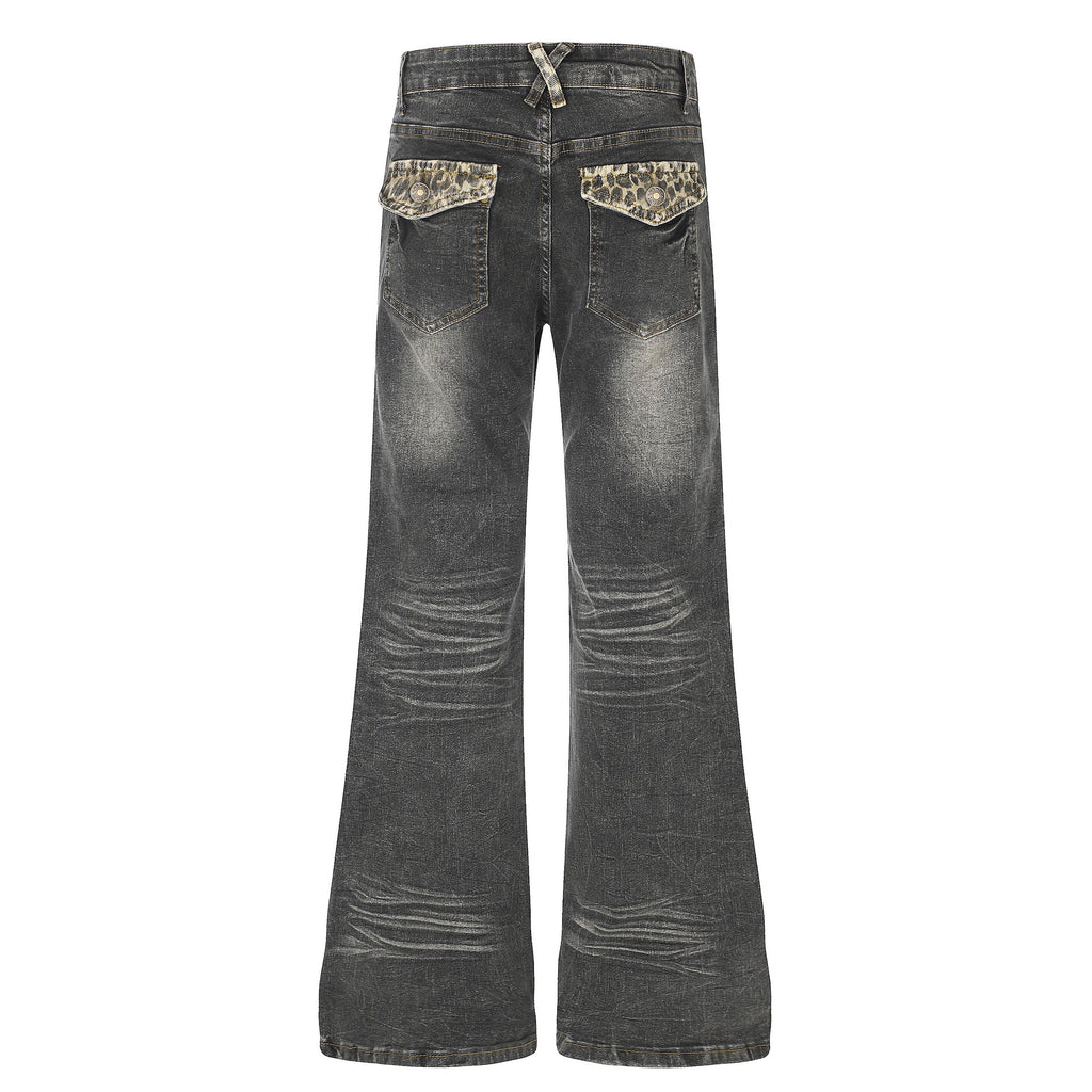 High Waist Denim Flare Jeans with Leopard Patchwork