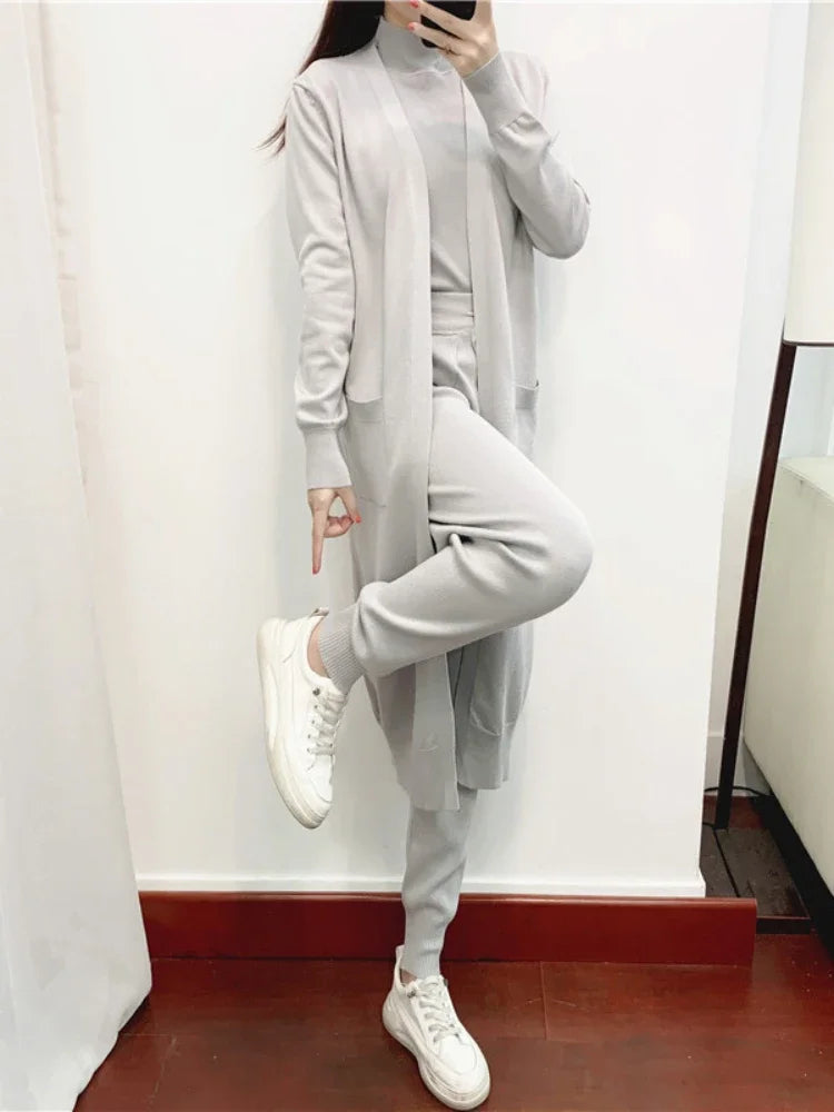3 Piece Sets Women's Outfits Autumn Casual Solid Knit Suit Cardigan Vest Pants Sets Matching Sets Korean Fashion Women's Clothing