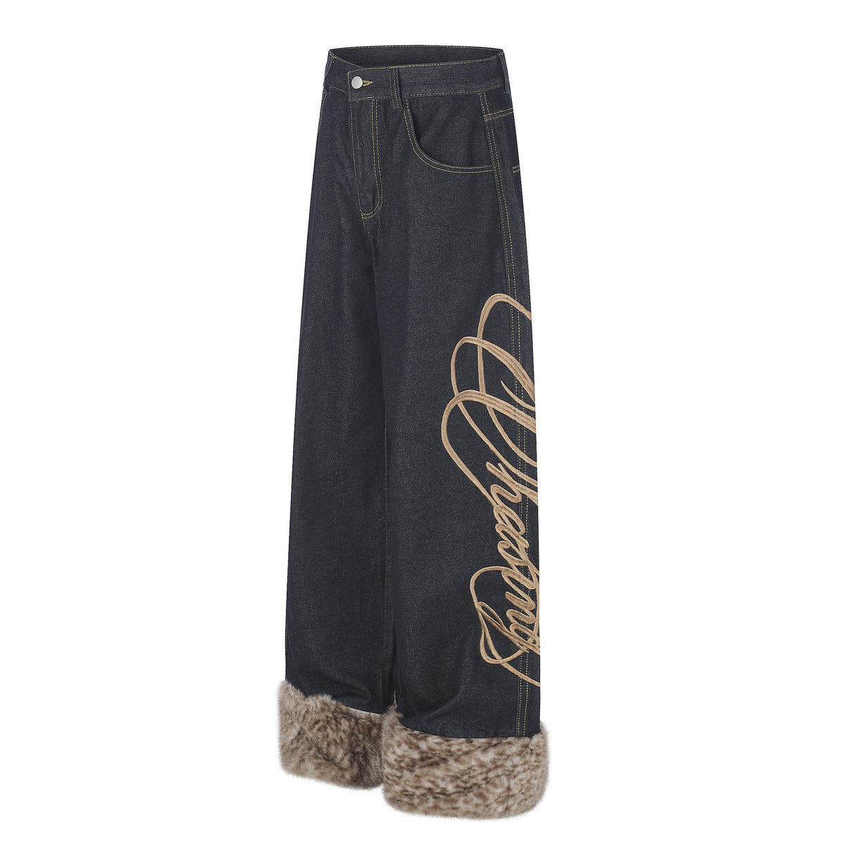 High Street Wide Leg Denim Jeans with Embroidery and Raw Hem