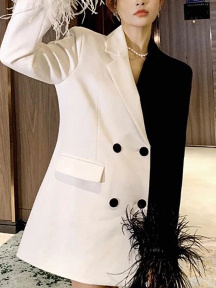 Colorblock Patchwork Feathers Blazer For Women Notched Collar Long Sleeve Spliced Button Chic Blazers Female New