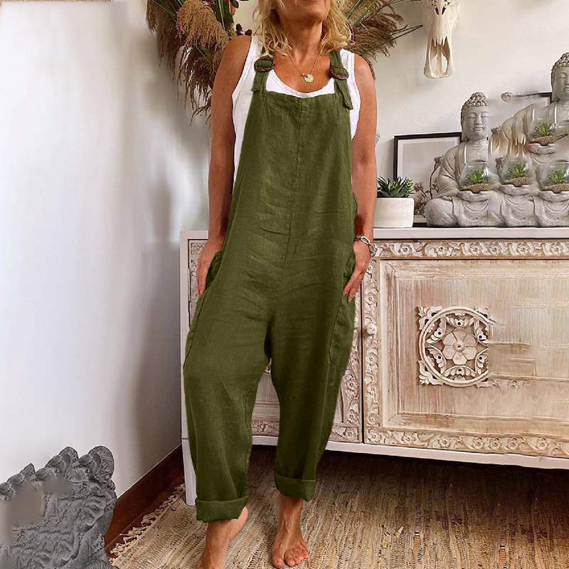 Women's Wide-Leg Cotton Linen Jumpsuit with Adjustable Buckle and Pockets Workwear