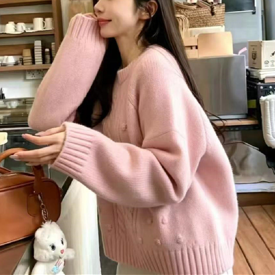 Women's Loose Round Neck Sweater – Korean Style Casual Knit Top