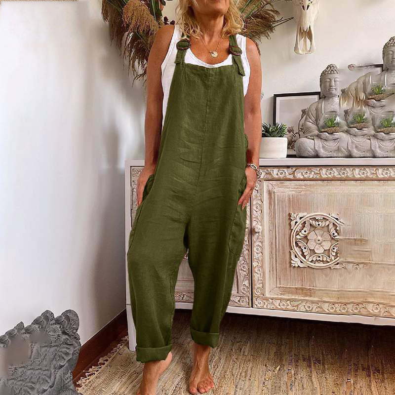 Women's Wide-Leg Cotton Linen Jumpsuit with Adjustable Buckle and Pockets Workwear