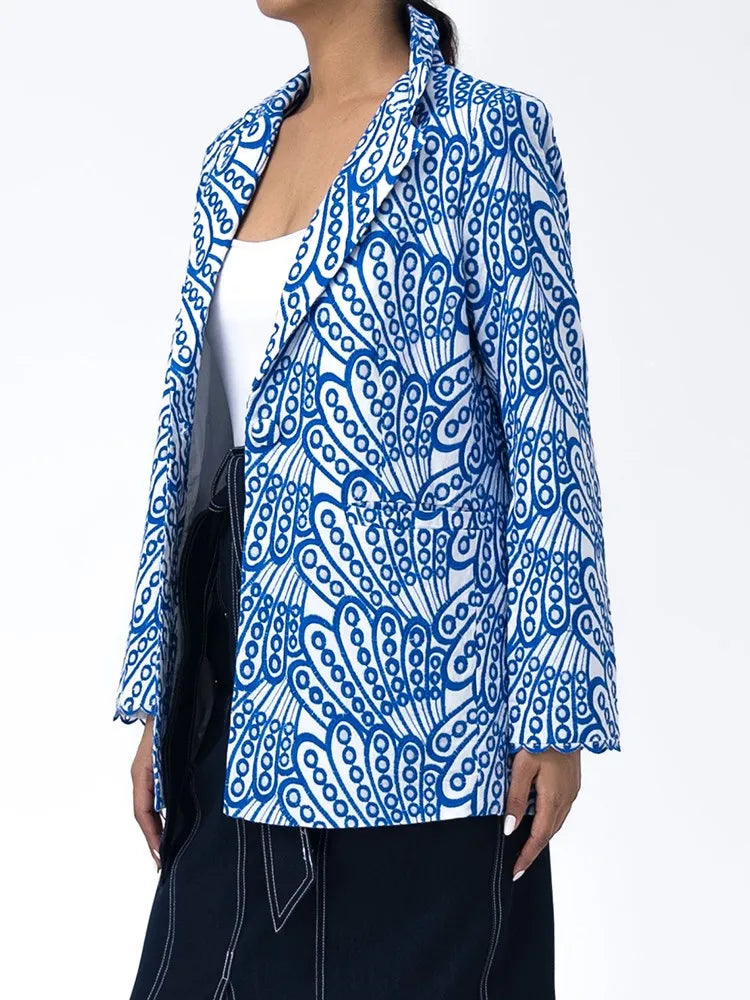 Embroidery Hollow Out Casual Blazer For Women Notched Collar Long Sleeve Patchwork Button Blazers Female Fashion