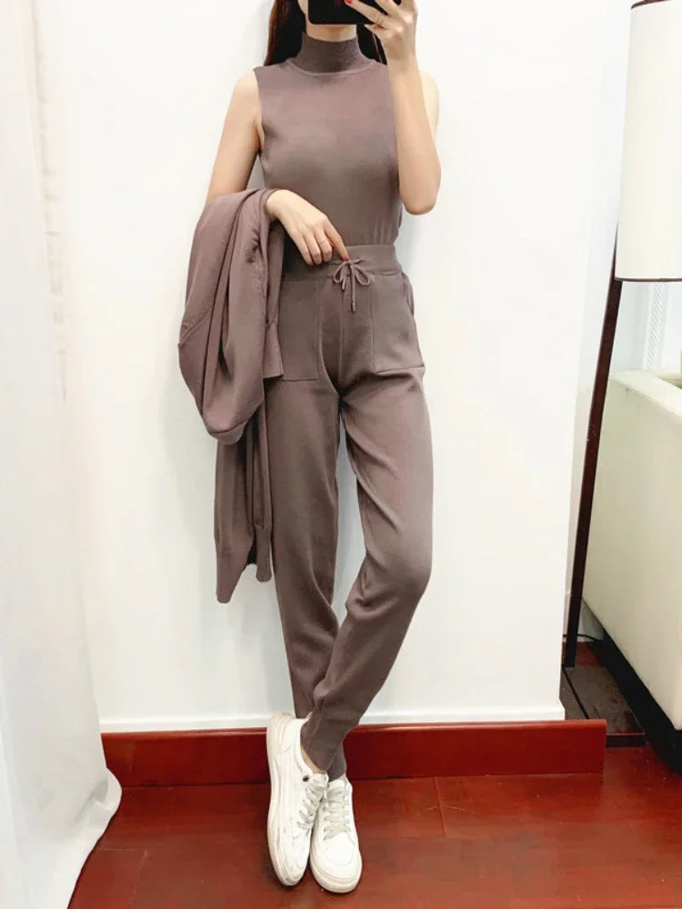 3 Piece Sets Women's Outfits Autumn Casual Solid Knit Suit Cardigan Vest Pants Sets Matching Sets Korean Fashion Women's Clothing