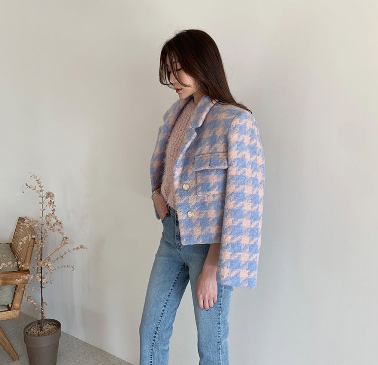 Plaid Blazer Jacket Women Autumn Winter Thick Warm Fashion Single Breasted Lapel Suit Jacket Ladies Casual Blazers Coat