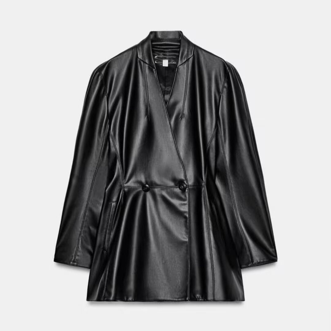 Double row two button waist suit leather jacket for women