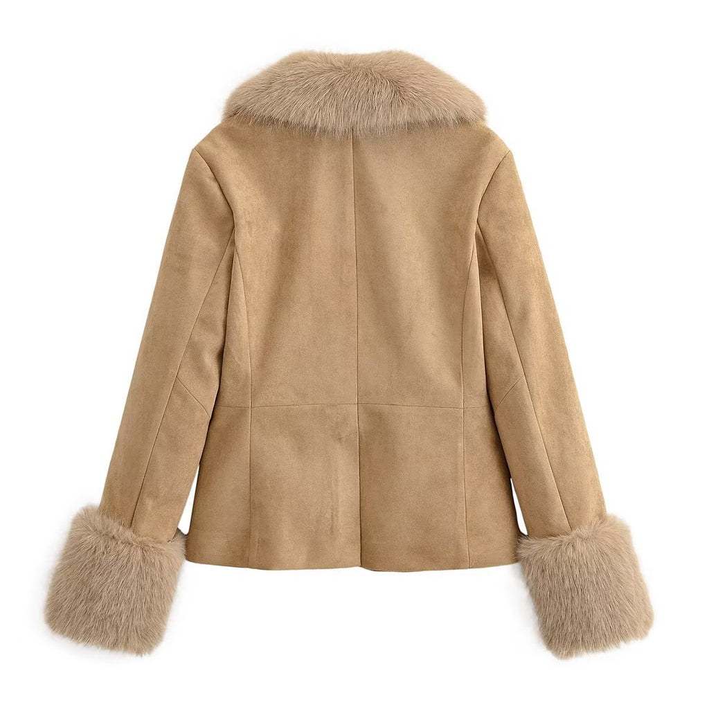 Style Women's Fashionable Detachable Fur Collar Suede Blazer