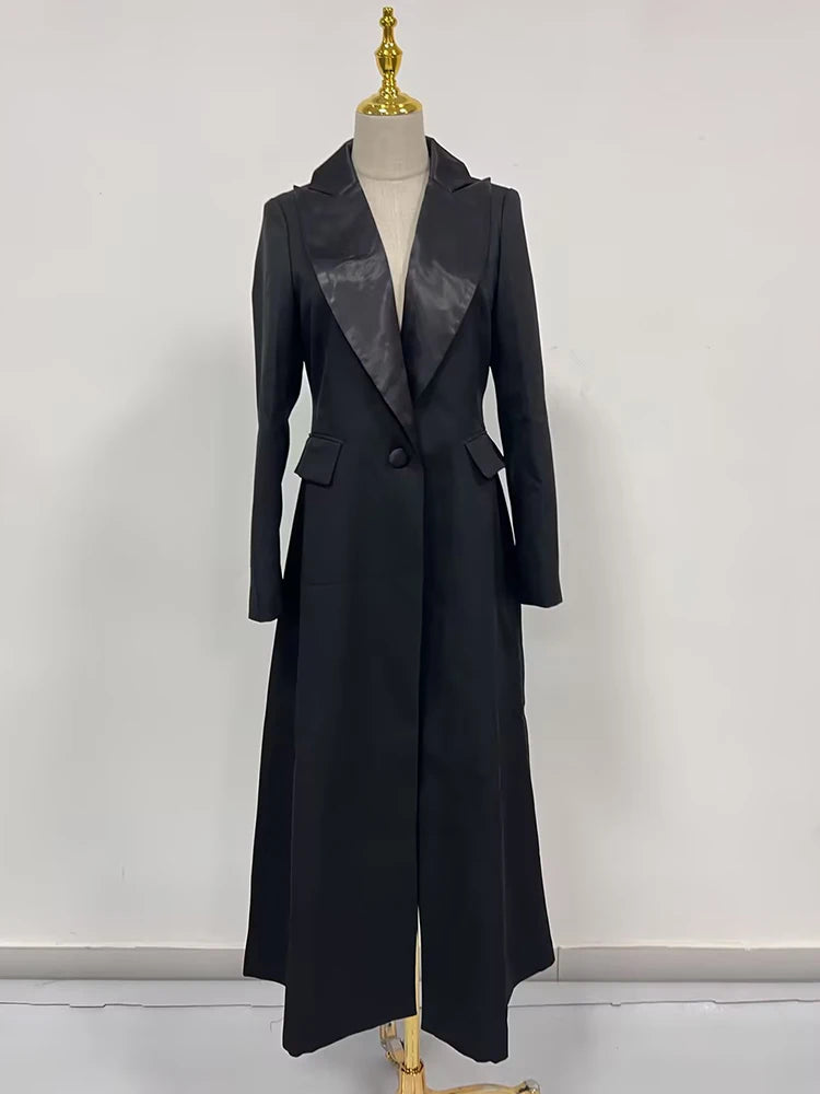 Minimalsit Solid Long Blazers For Women Notched Collar Long Sleeve Patchwork Button Temperament Coats Female New