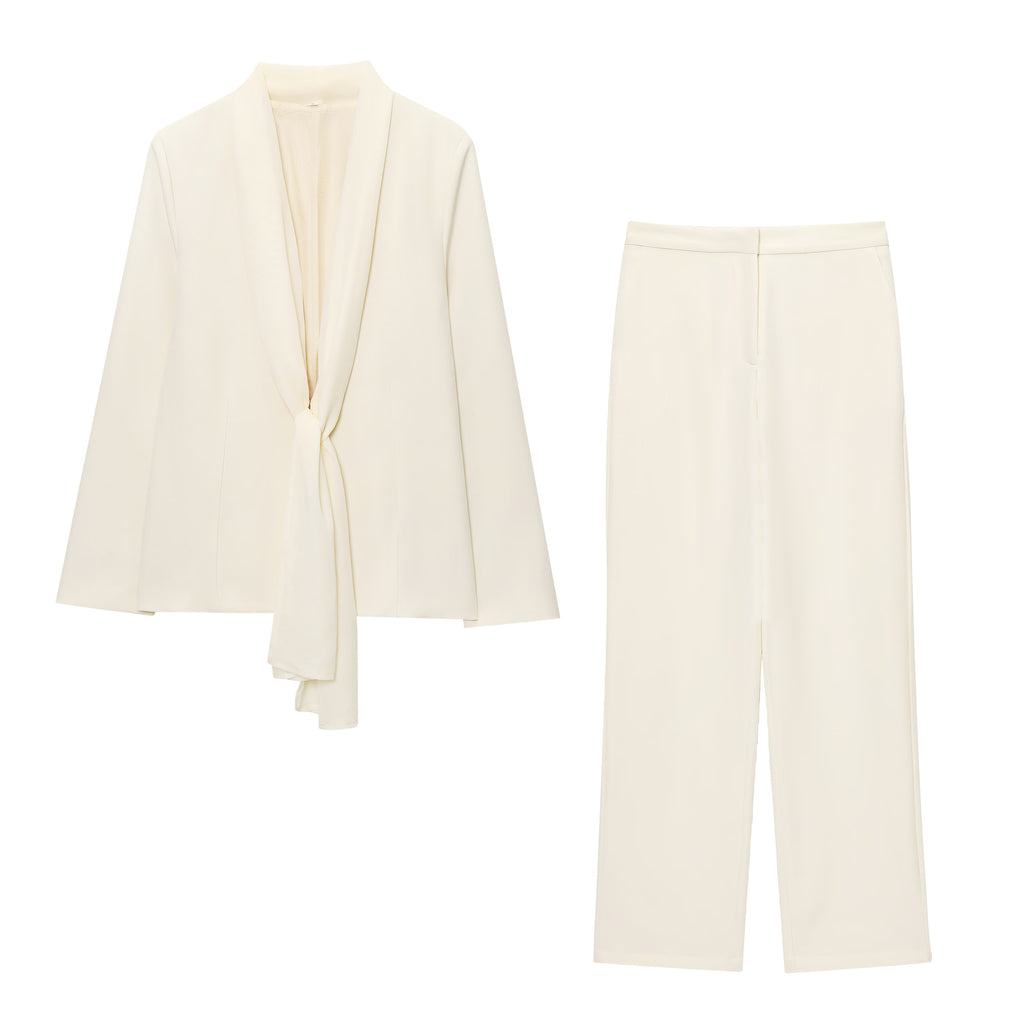 Women's Thin Scarf Lapel Blazer + Straight Leg Pants
