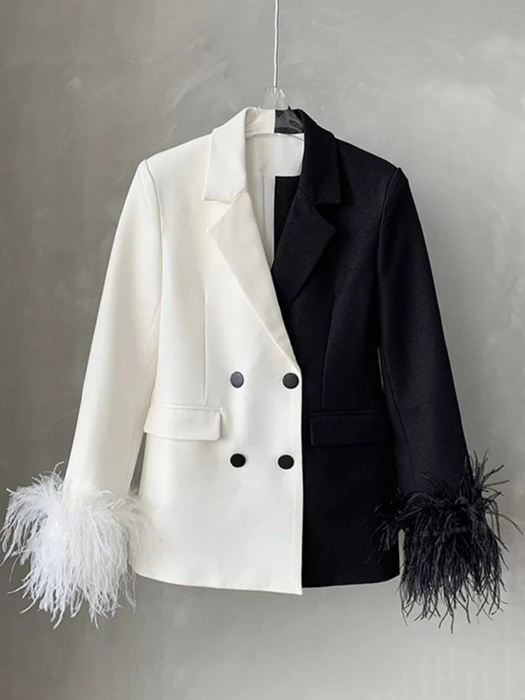 Colorblock Patchwork Feathers Blazer For Women Notched Collar Long Sleeve Spliced Button Chic Blazers Female New