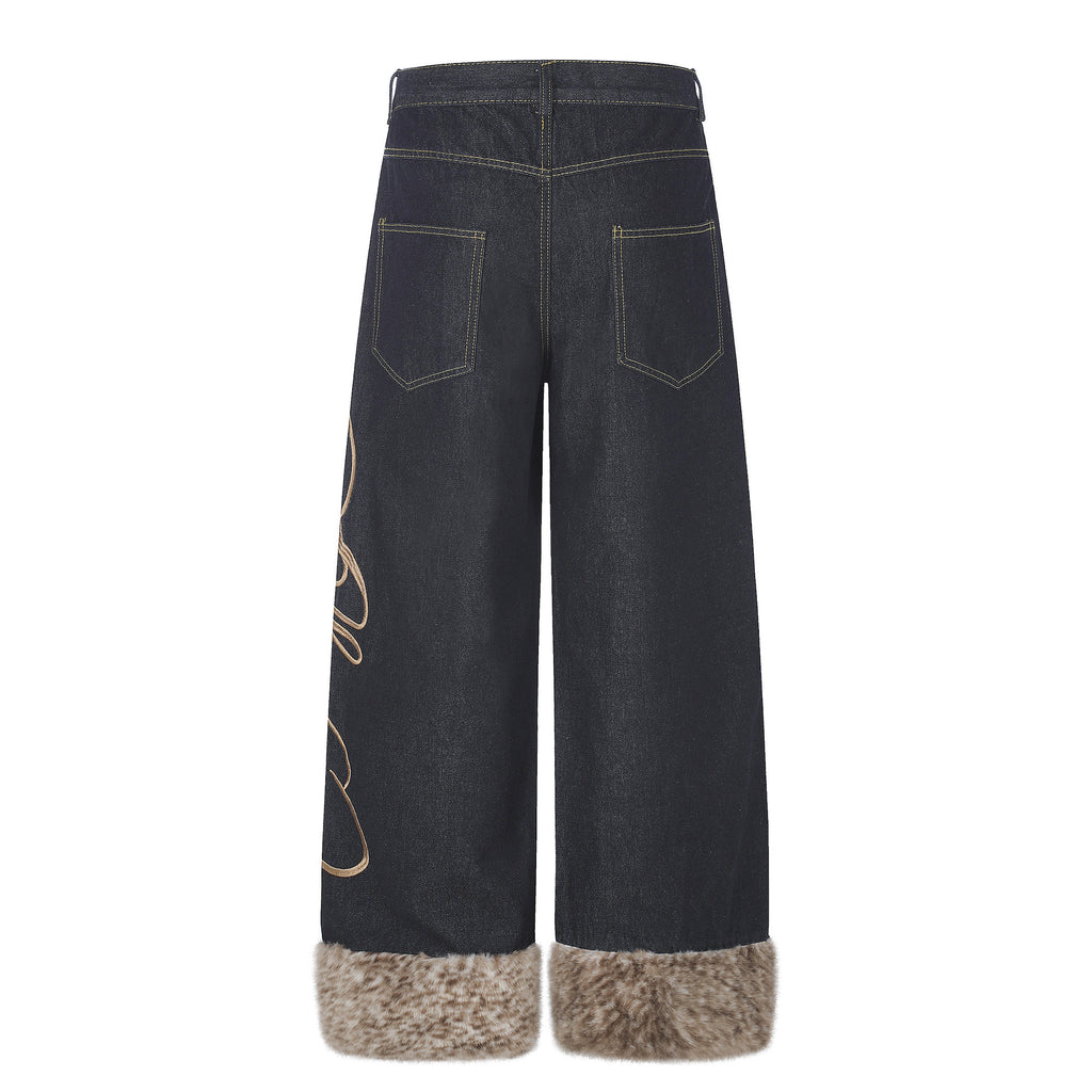 High Street Wide Leg Denim Jeans with Embroidery and Raw Hem