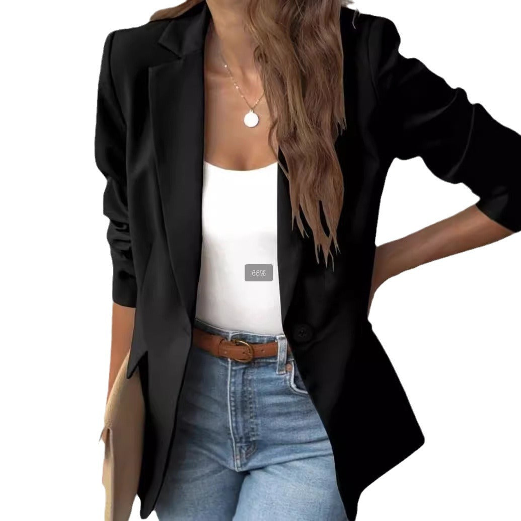 Fashionable  Solid Color Long Sleeve Single Button Blazer Jacket for Women