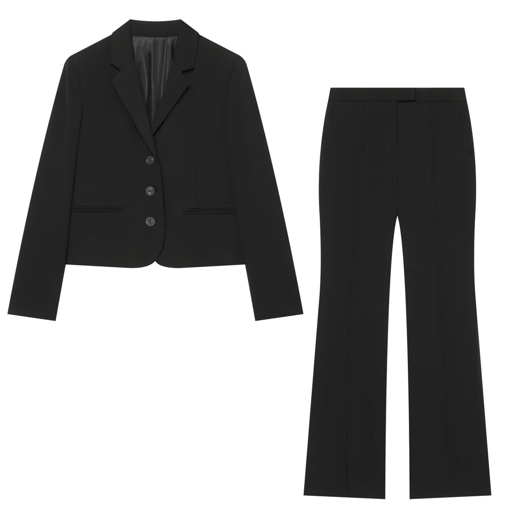 Pocket pleated suit jacket flared pants set for women