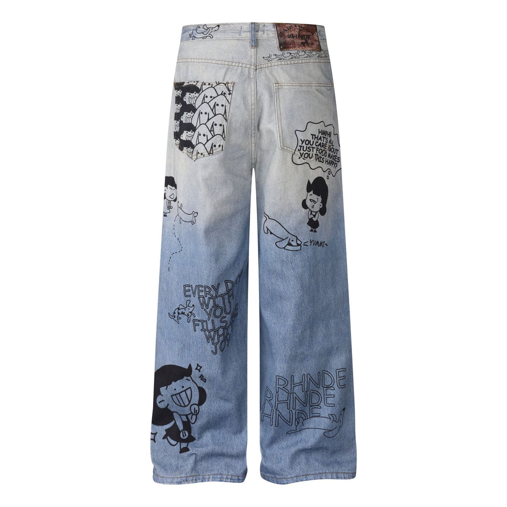 Women's Cartoon Graffiti Printed Distressed Washed Denim Wide Leg Straight Pants