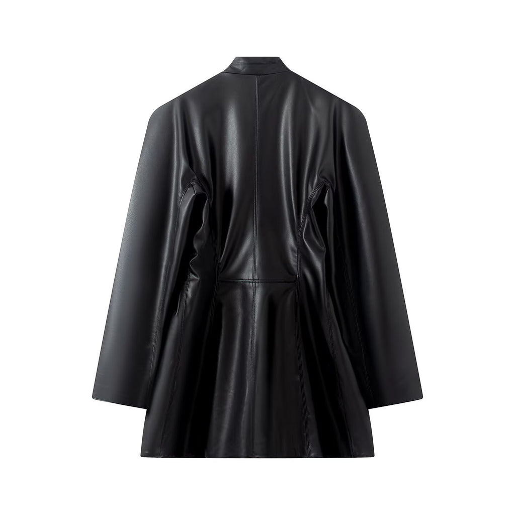 Double row two button waist suit leather jacket for women