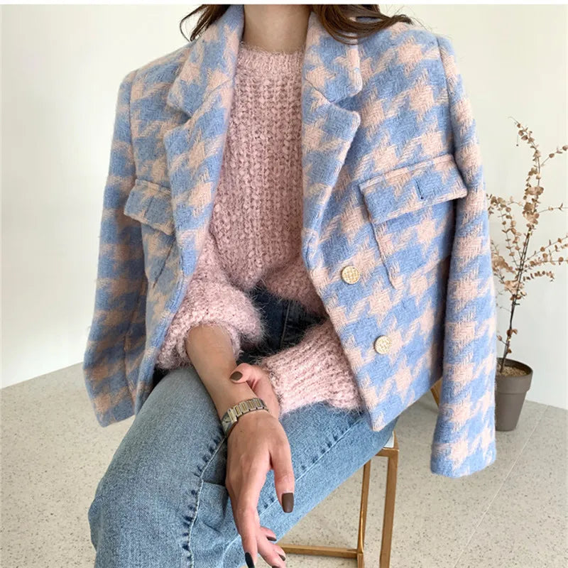 Plaid Blazer Jacket Women Autumn Winter Thick Warm Fashion Single Breasted Lapel Suit Jacket Ladies Casual Blazers Coat