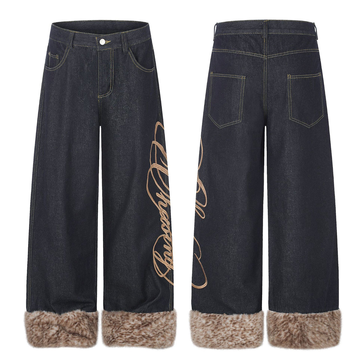High Street Wide Leg Denim Jeans with Embroidery and Raw Hem