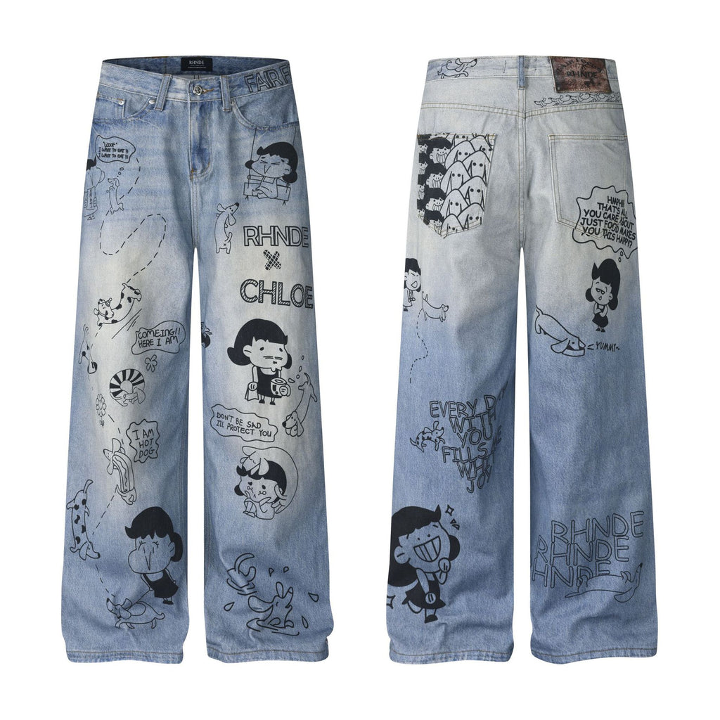 Women's Cartoon Graffiti Printed Distressed Washed Denim Wide Leg Straight Pants