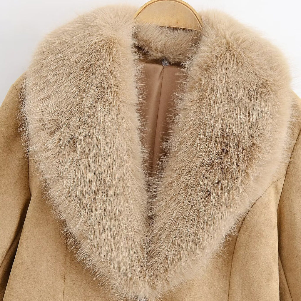 Style Women's Fashionable Detachable Fur Collar Suede Blazer