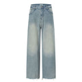 Wide Leg Denim Pants with Exposed Waist and Distressed Faded Finish