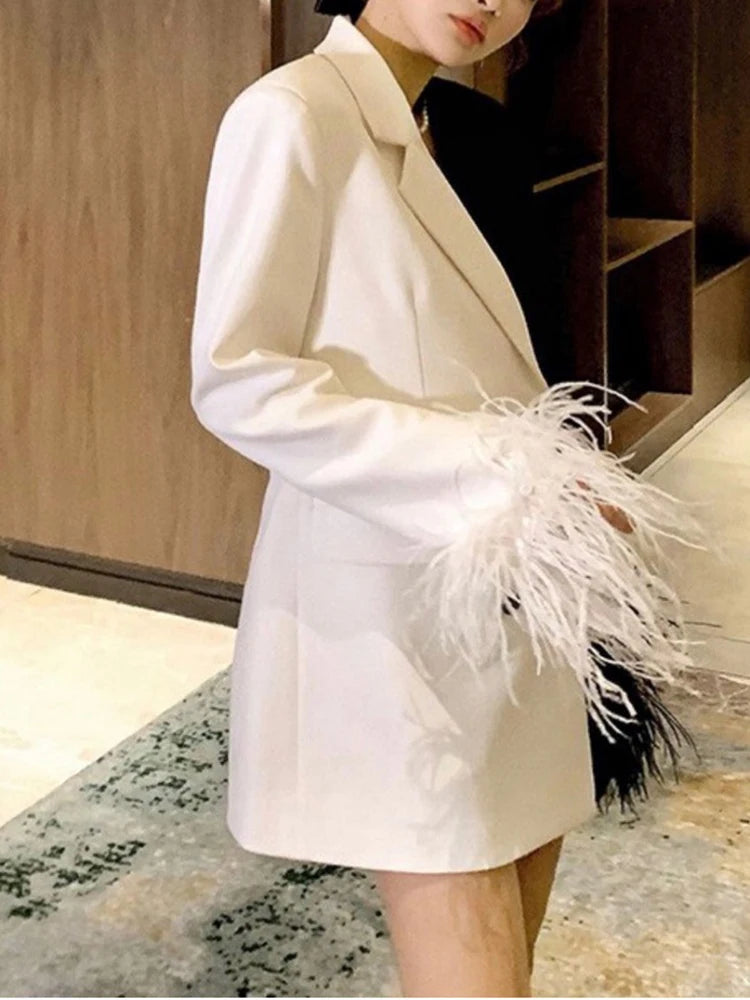Colorblock Patchwork Feathers Blazer For Women Notched Collar Long Sleeve Spliced Button Chic Blazers Female New